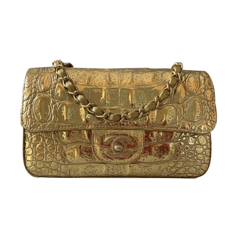 Chanel Metallic Crocodile Embossed Calfskin & Gold Metal Small Classic Handbag
