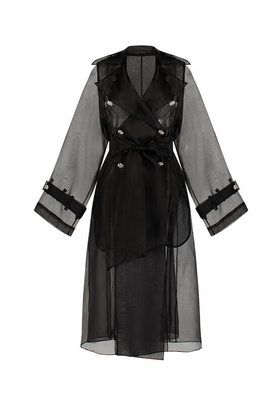 Azzalia Pure Silk Organza Trench Coat With Crystal Buttons