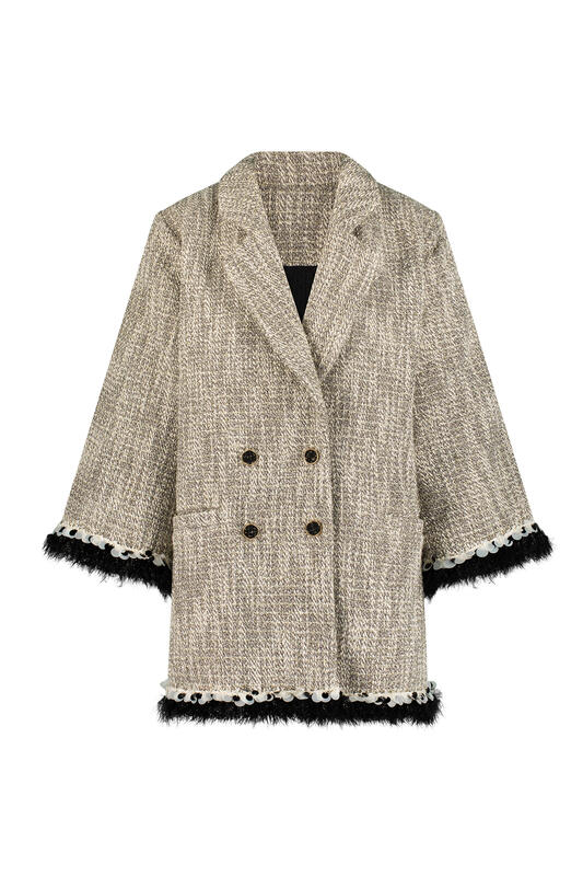 Azzalia Mid Length Multi Color Tweed Blazer With Embellished Trimmings